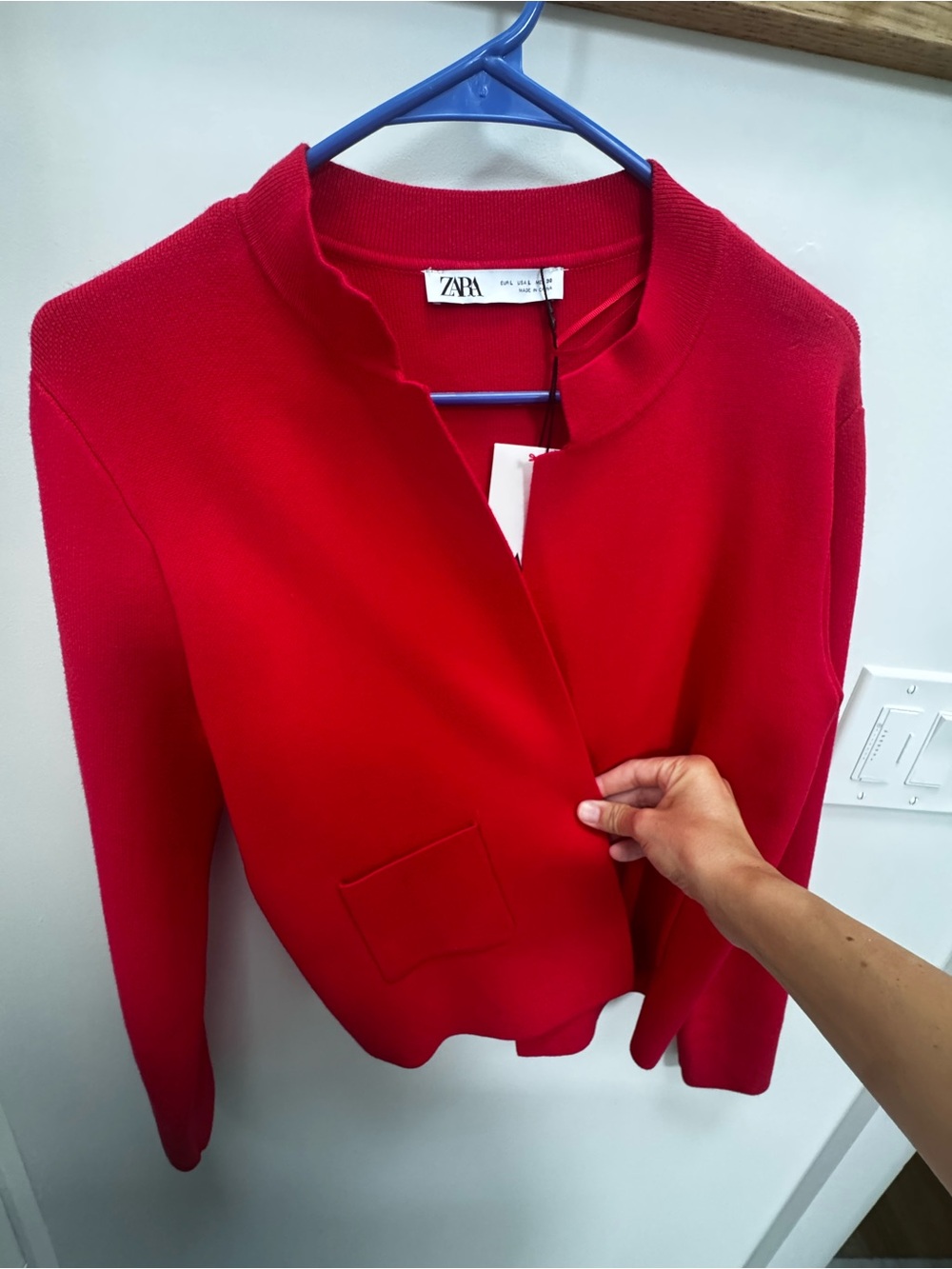 Zara Women's Bright Red Collarless Knit Blazer